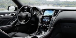 Interior view of the steering wheel and dashboard area of an Infiniti Q50 | Infiniti dealer in Ellisville, MO