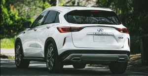 Exterior rear-end view of a white 2020 INFINITI QX50 | INFINITI dealer in Ellisville, MO