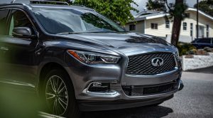 Close view of the front of a parked gray 2020 INFINITI QX60, | INFINITI Dealer in Ellisville, MO