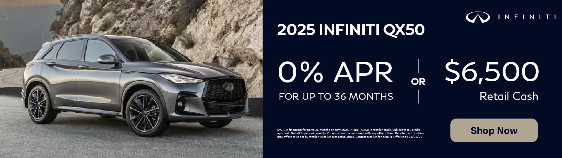2025 INFINITI QX50 0% APR or $6,500 Retail Cash