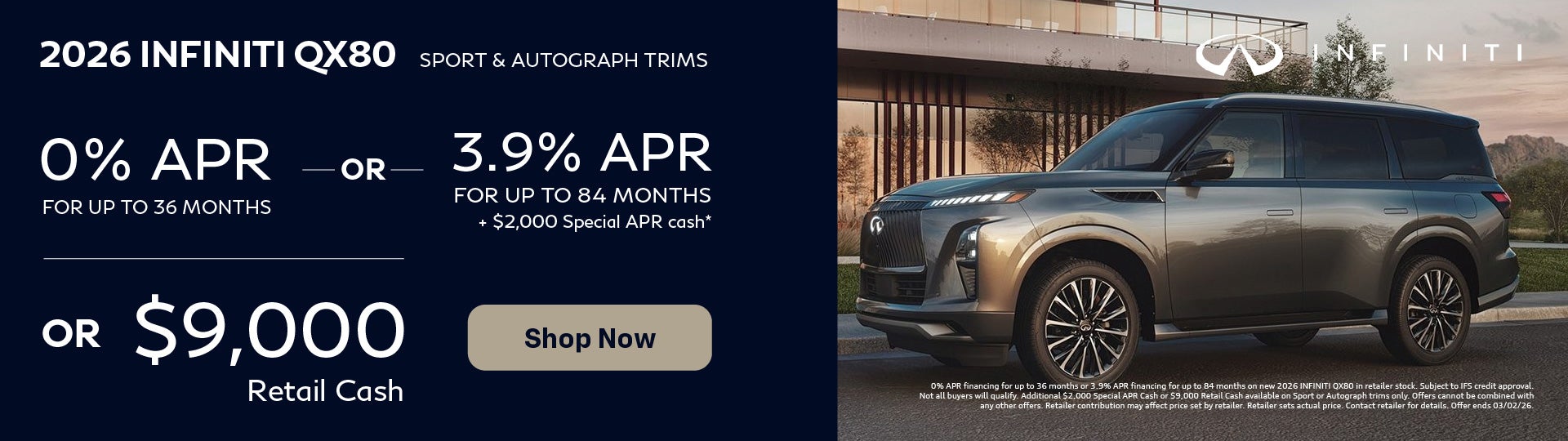 2026 INFINITI QX80 0% APR or $9,000 Retail Cash